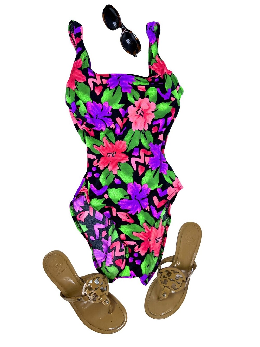 Vintage Carol Wior 90s Neon Floral One Piece Swimsuit Size 12